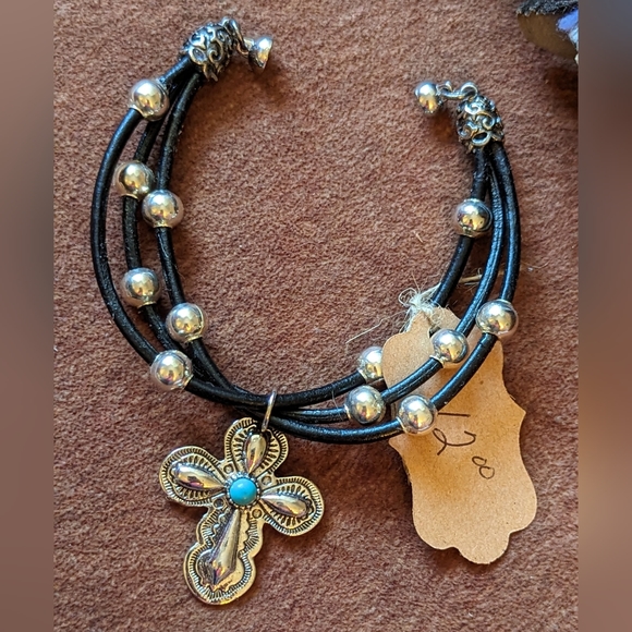 New Handcrafted Black Corded Bracelet With Silver Color Beads and Cross Charm - Picture 3 of 8